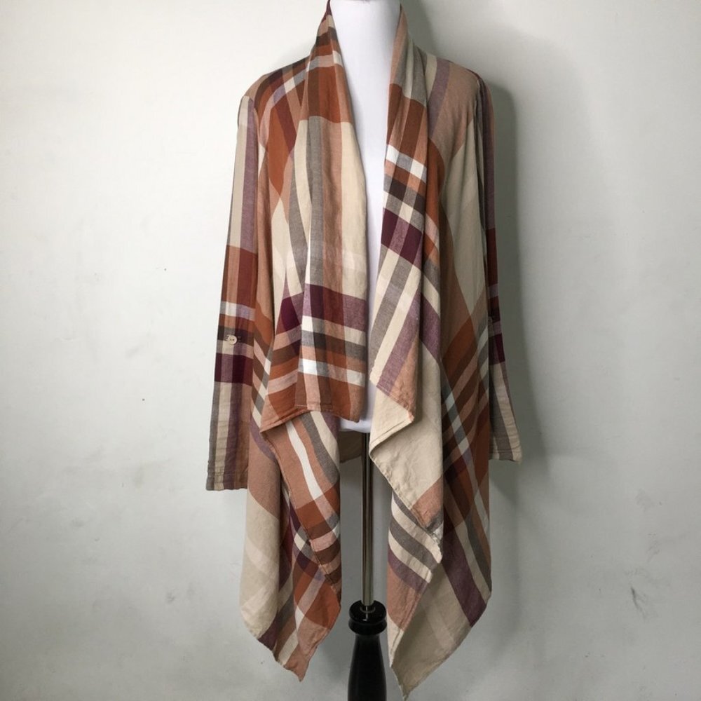 Women's Plaid Brown Cream Poncho Open Cardigan 100% Cotton Size Large